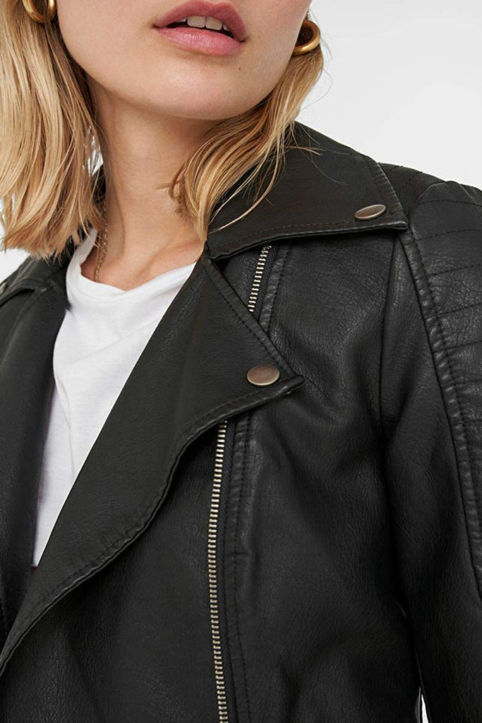 Noisy May Rebel Long Sleeve Faux Leather Jacket in Black
