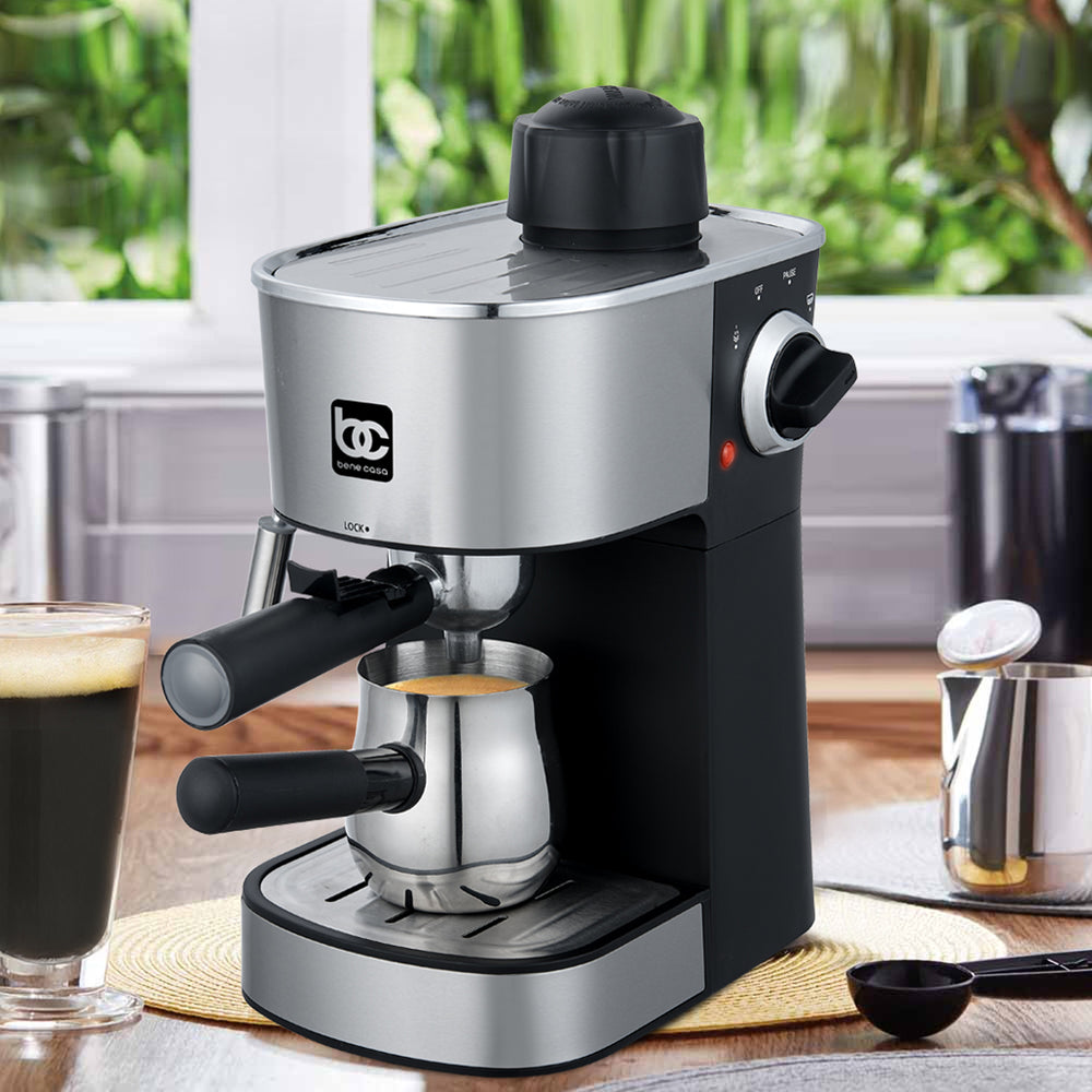 Bene stainless-steel espresso maker with steam frother func