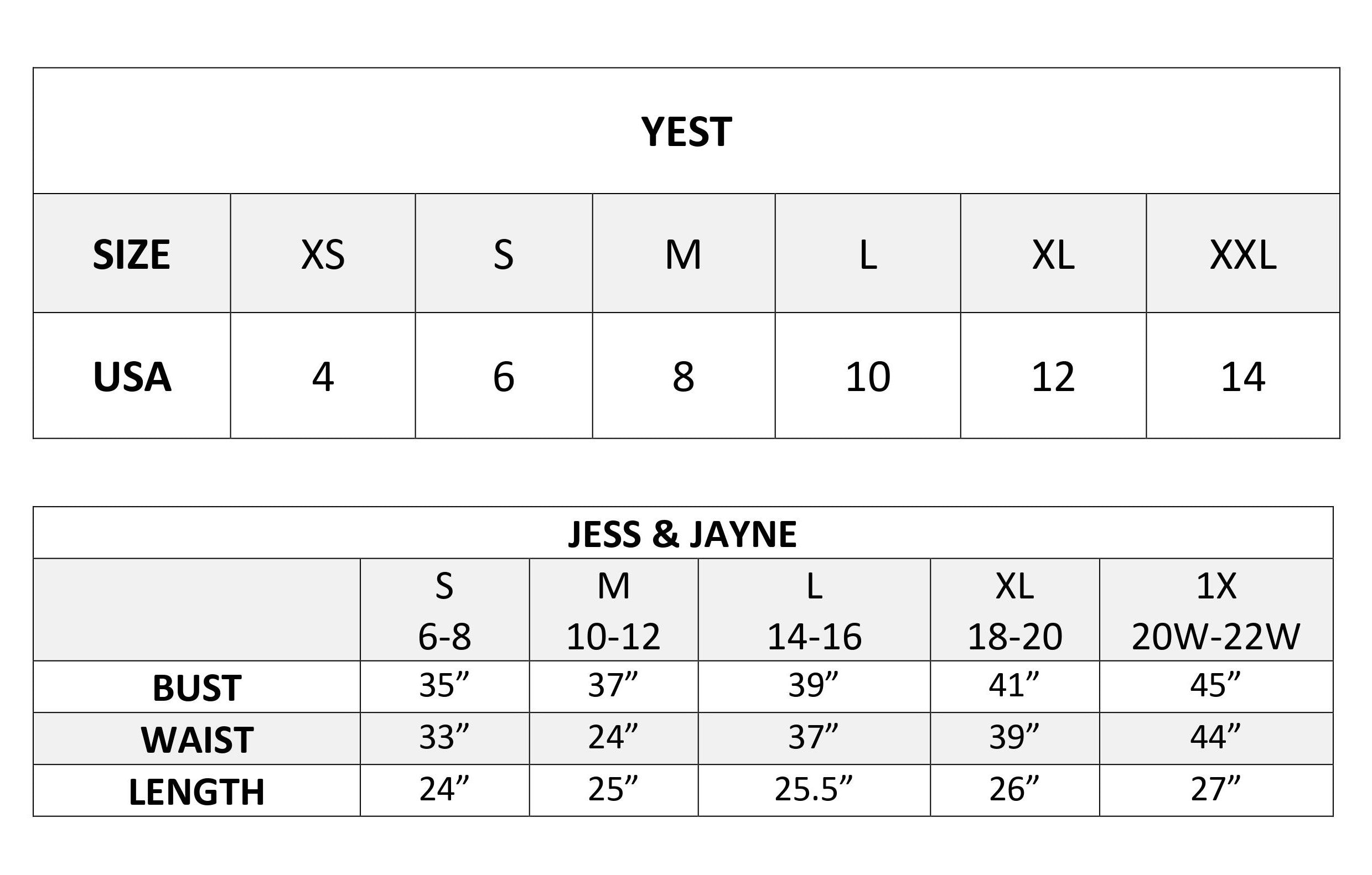 Size Chart E & Co. Boutique