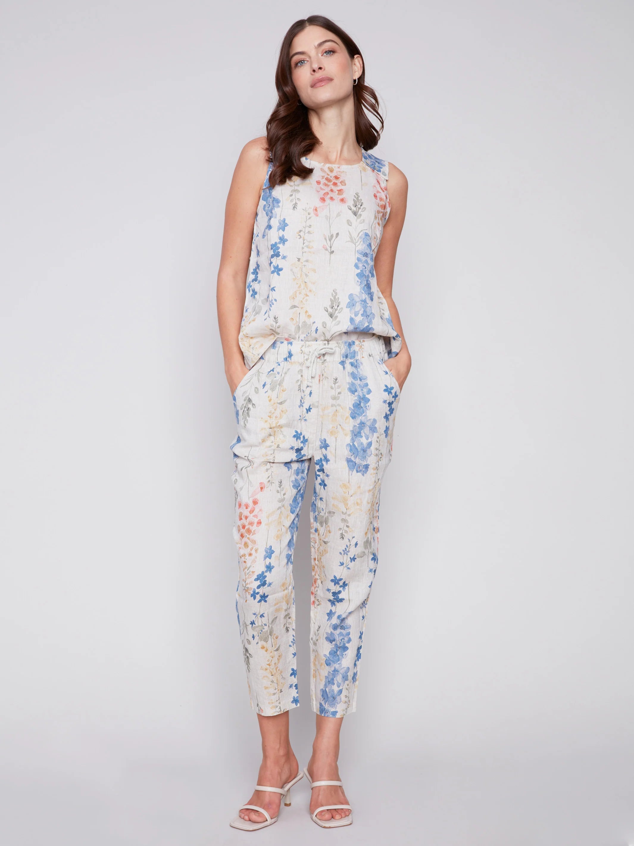 Charlie B Printed Sleeveless Linen Top with Button Detail