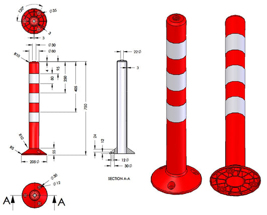 Πλαστικά κολωνάκια απλά 75 cm PARK-DH-FP-1-80_Διαστάσεις