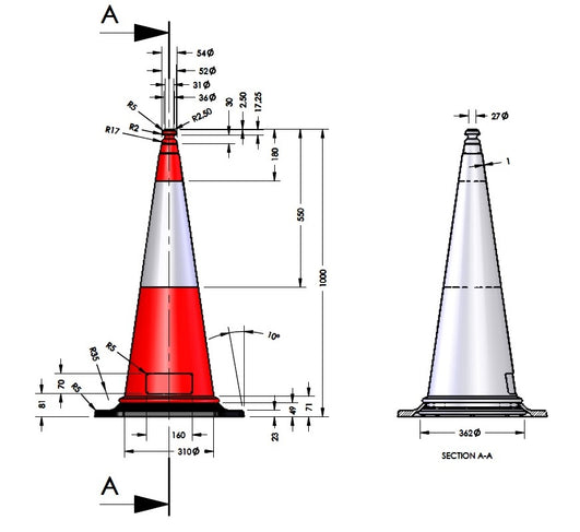 Διαστάσεις όψης Πλαστικού κώνου 100 cm με βαριά βάση PARK-DH-PE-3