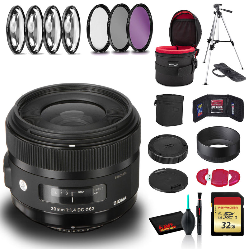 Sigma 30mm f/1.4 DC HSM Art Lens for Nikon F with Cleaning Kit, 57" Tripod, 32GB Memory Kit, Filter Kits, and Lens Case Bundle