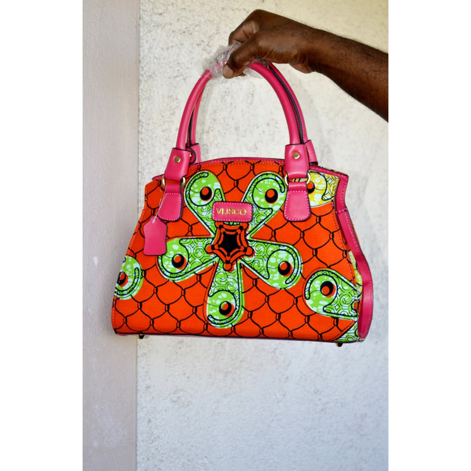 Orange And Green African Bag With Leather Straps