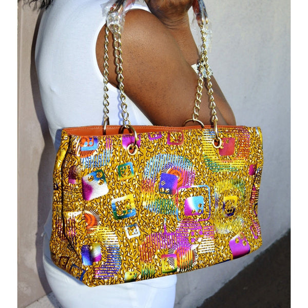 Brown African Print Chain Link Bag