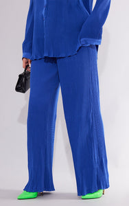Bright Blue Plisse High Waisted Wide Leg Trousers