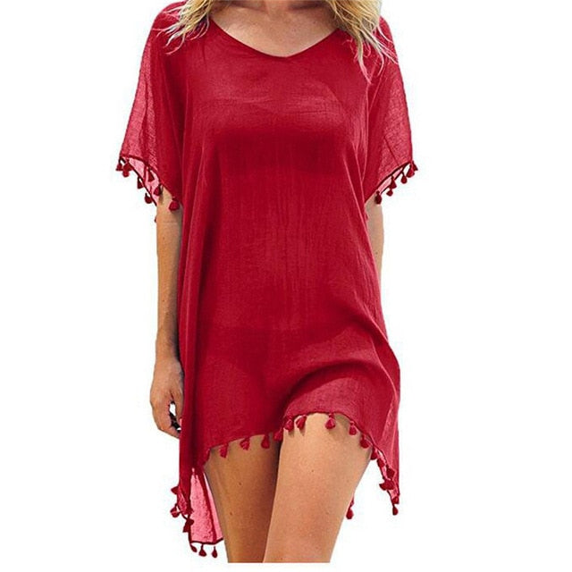 Red bathing suit with cover up