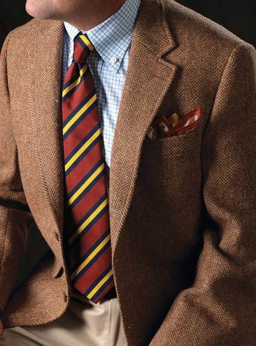 Brown Suit, Light Blue Shirt, Brownish Orange Tie
