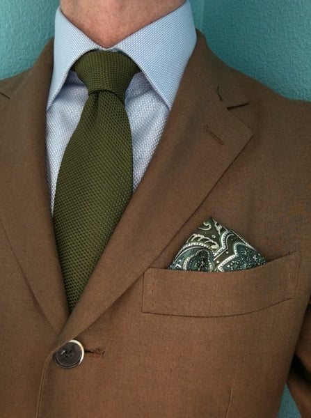 Brown Suit, Light Blue Shirt & Olive Green Tie