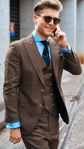 Brown Suit, Light Blue Shirt & Navy Tie