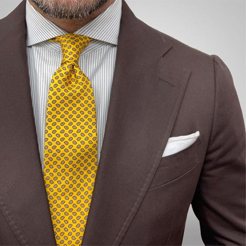 Brown Suit, Striped Shirt & Yellow Silk Tie