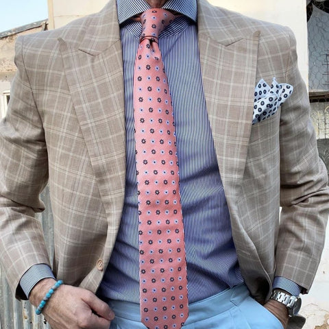 Salmon & Light Blue Geometric Foulard Silk Tie