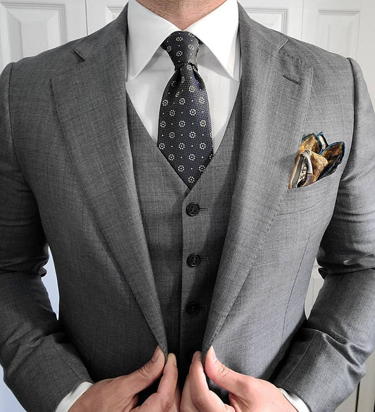 Medium Grey Suit & Olive Green Foulard Silk Tie