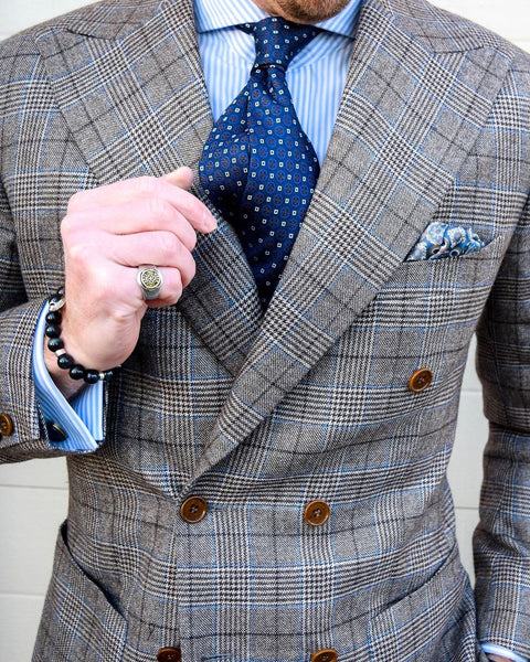 Medium Grey Suit w/ Navy & Brown Foulard Silk Tie