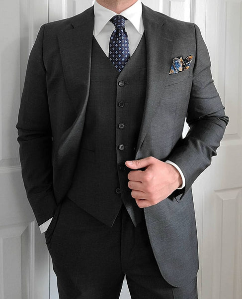 Charcoal Grey Suit w/ Navy Foulard Silk Tie