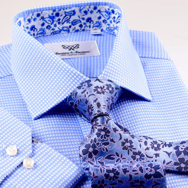 Blue & White Houndstooth Checkered Shirt & Blue Floral Tie