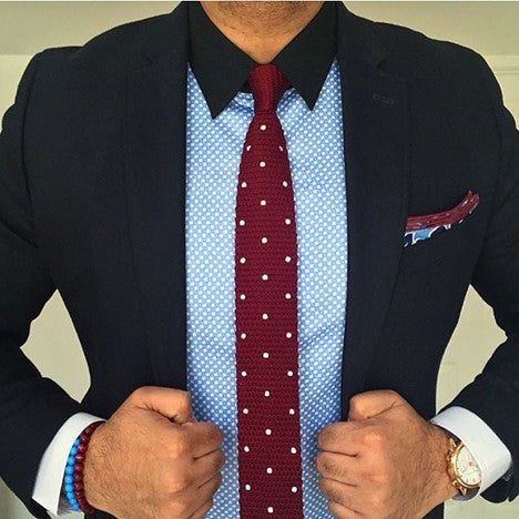 Blue Patterned Shirt & Burgundy Polka Dot Knit Tie
