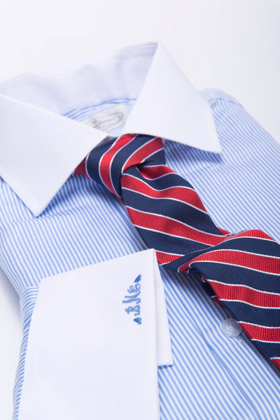 Navy & Red Regimental Striped Silk Tie & Blue Striped Shirt