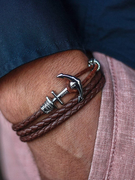 Rudder Anchor Stainless Steel Leather Bracelet – GTHIC