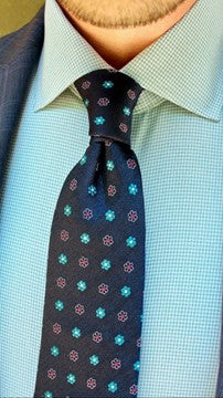 Navy & Turquoise Geometric Foulard Silk Tie For Work