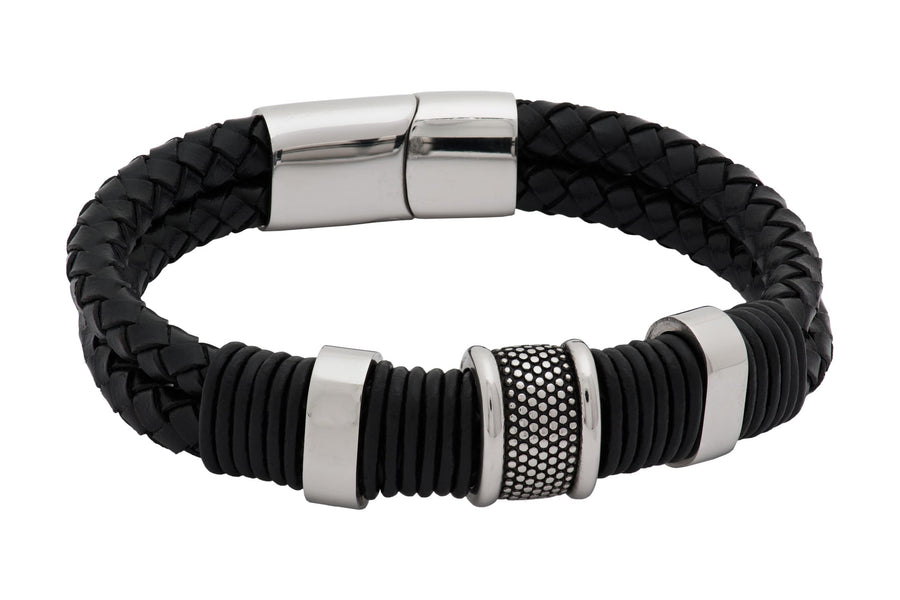 Black Leather Stainless Steel Bracelet