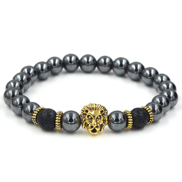 Black Beaded Bracelet With A Golden Lion Head | Classy Men Collection