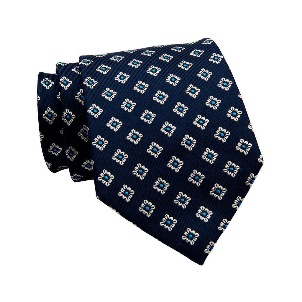 Pembroke Foulard Silk Tie, Navy / Turquoise / Silver