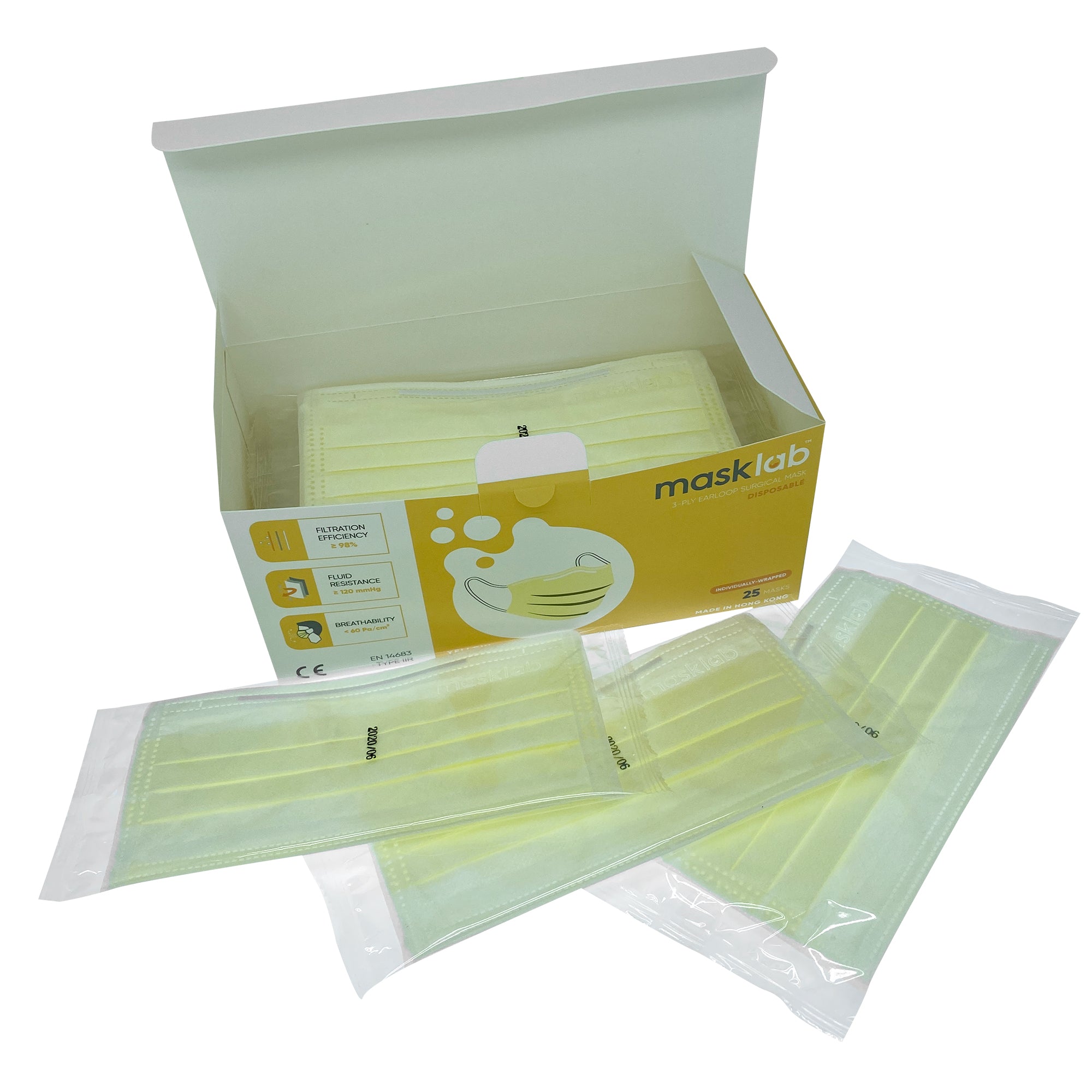 Download Yellow 3 Ply Surgical Face Mask Individually Wrapped 25 Pack Masklab PSD Mockup Templates