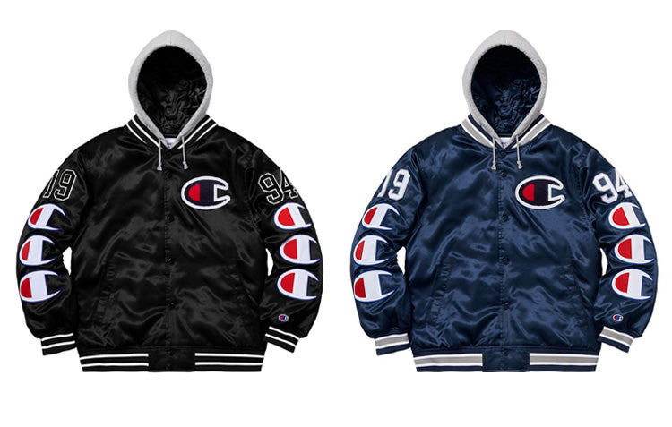 Champion x Supreme Hooded Varsity Jacket in Black and Navy