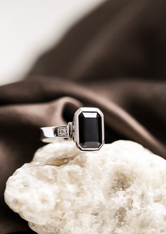 Our limited edition black spinel dress ring with diamonds