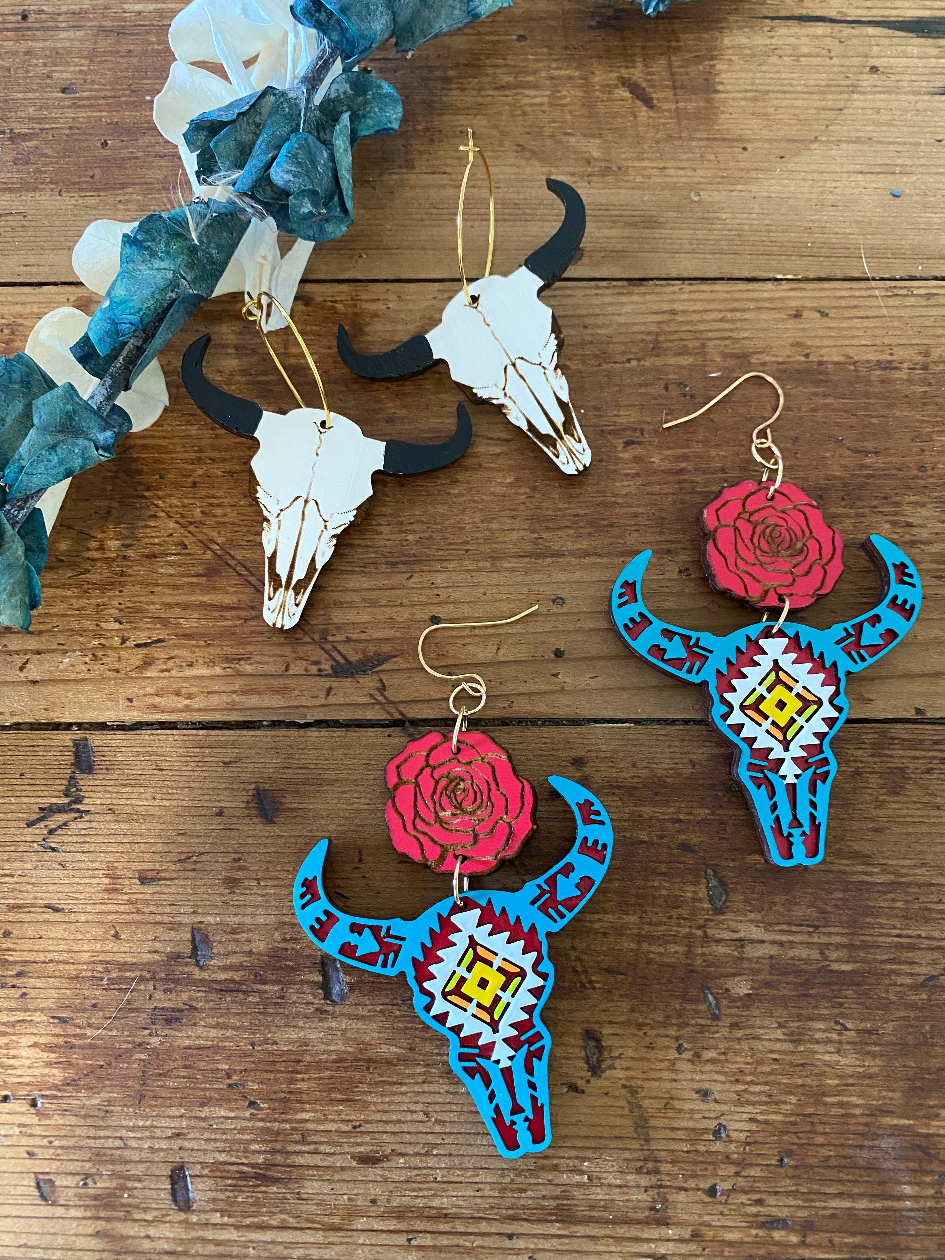 Turquoise Cowskull Rose Earrings