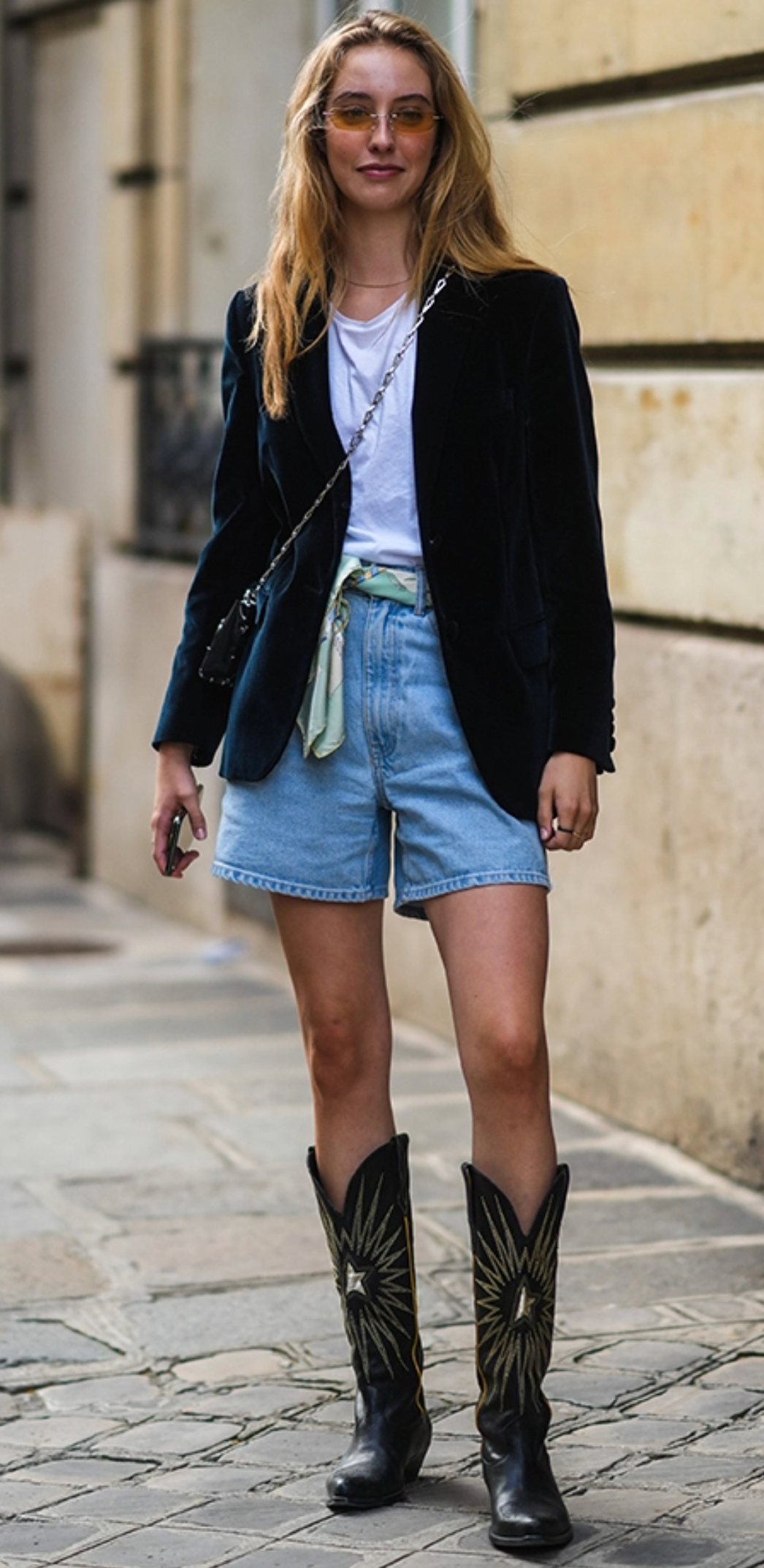 Woman in Blazer with Jean Shorts and Cowboy Boots