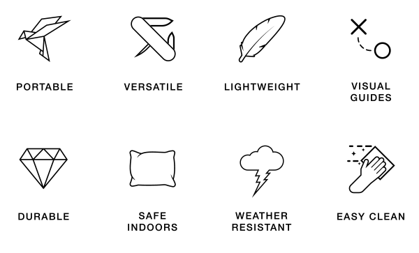 Portanet Tech Features: Portable, Versatile, Lightweight, Visual Guides, Durable, Safe Indoors, Weather Resistant, Easy Clean