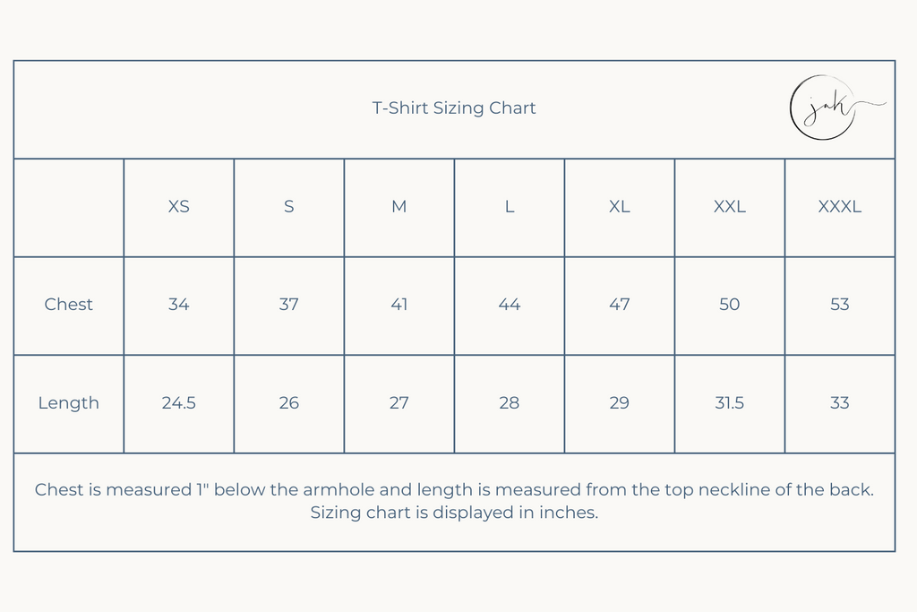 T-shirt sizing chart for Jak. Natural Designs branded t-shirts