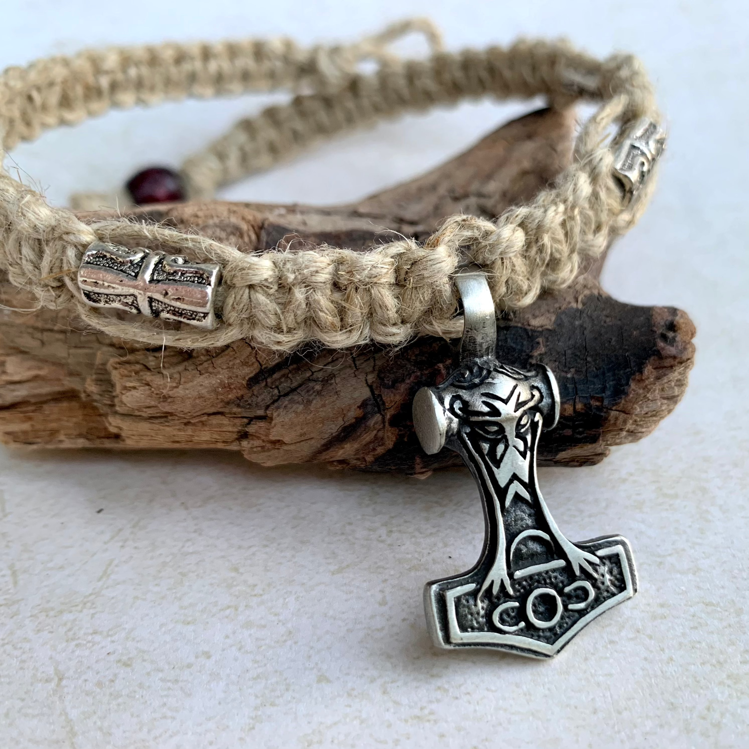 Viking Strength Necklace – Mjolnir Pendant on Tribal Hemp Cord