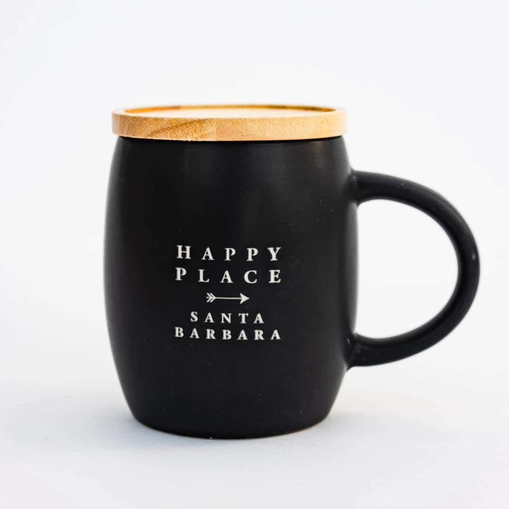 Happy Place Santa Barbara ceramic mug with wood lid