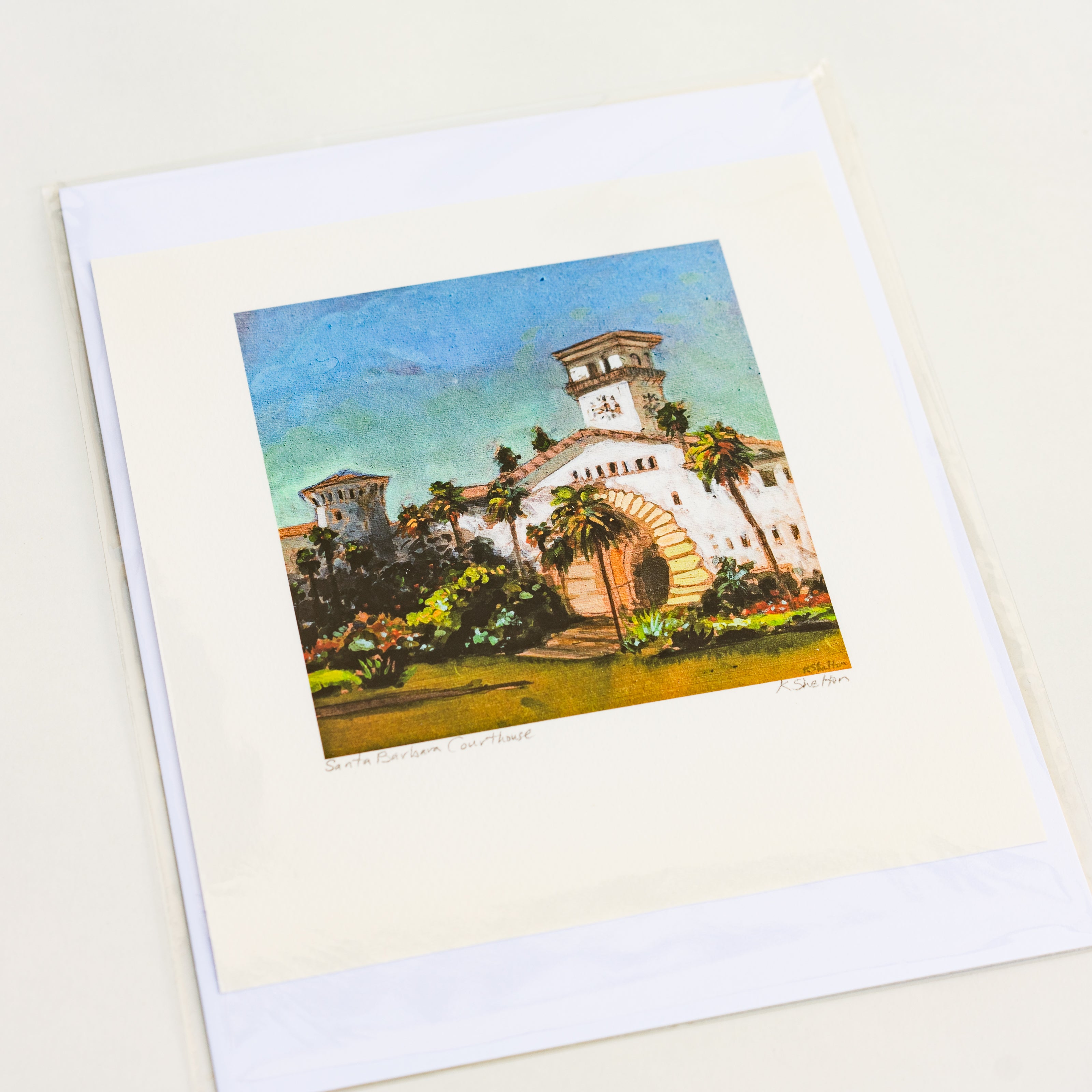 Watercolor painting of Santa Barbara Courthouse with white boarder
