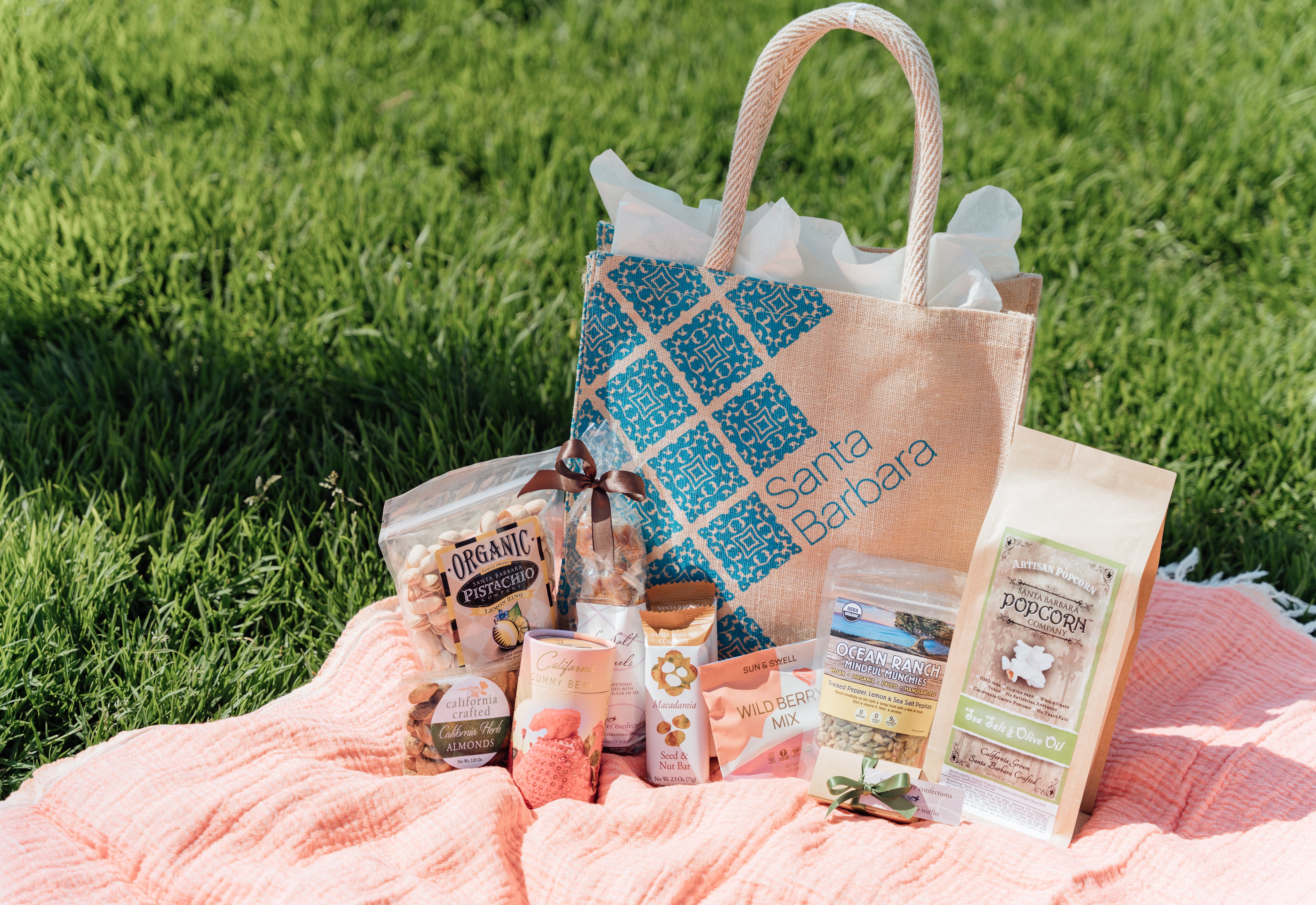 Santa Barbara sweets, treats and snacks on outdoor blanket with SB tote