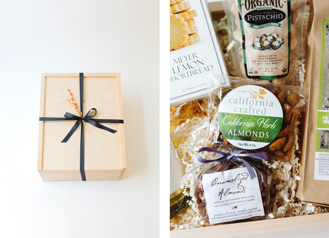 Wood gift box with ribbon side by side to gift basket