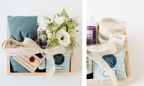 Wood gift box with aromatic spa essentials and locally made floral arrangement