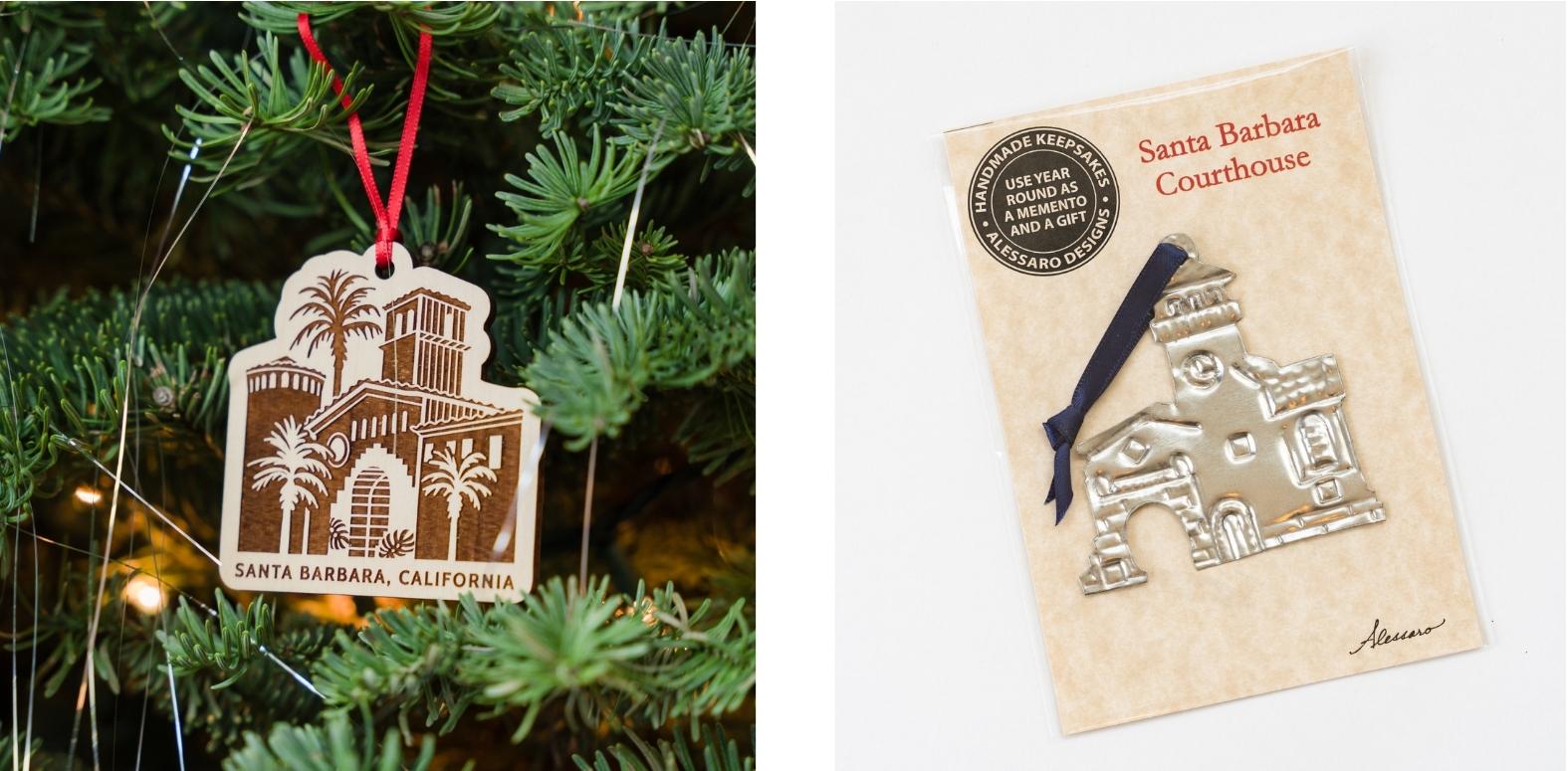 engraved wood magnet of the courthouse and a tin ornament of the courthouse