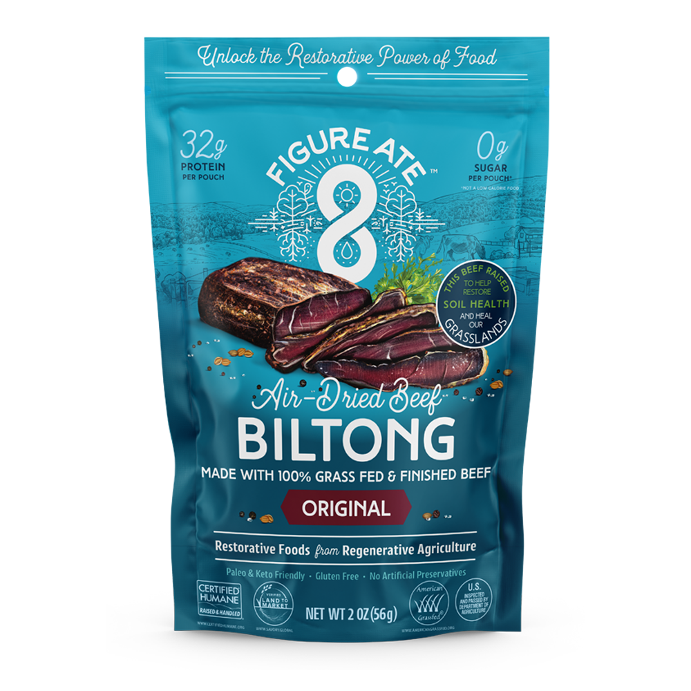 Blue bag of biltong with a drawing of sliced steak on the front