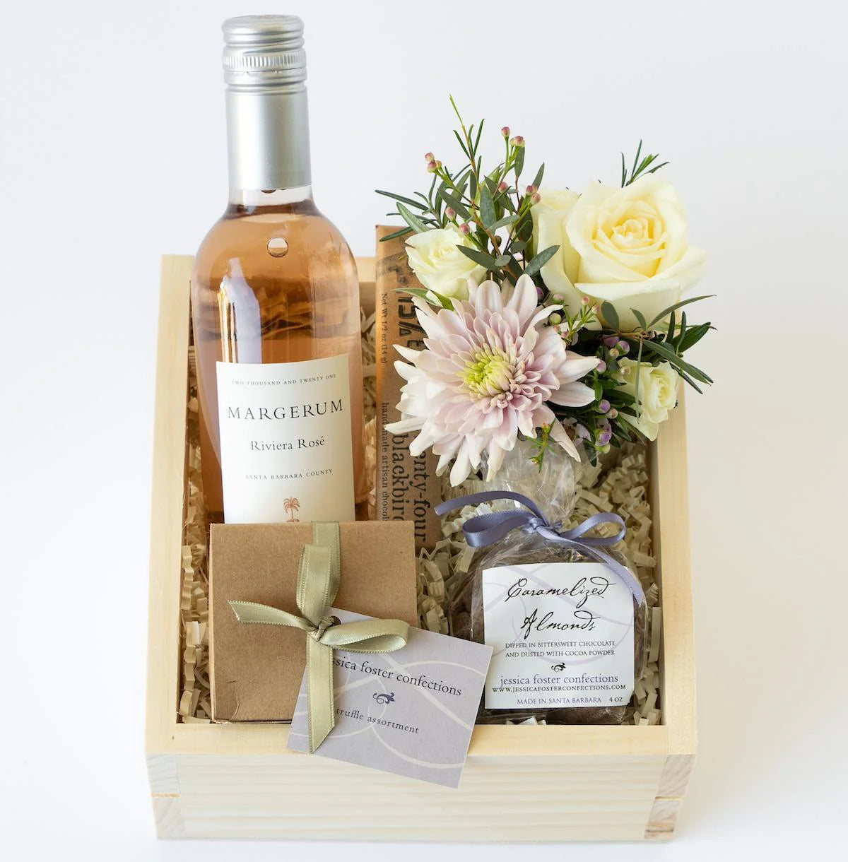 PETITE CHOCOLATE WINE + FLOWERS GIFT BOX with margerum rosé