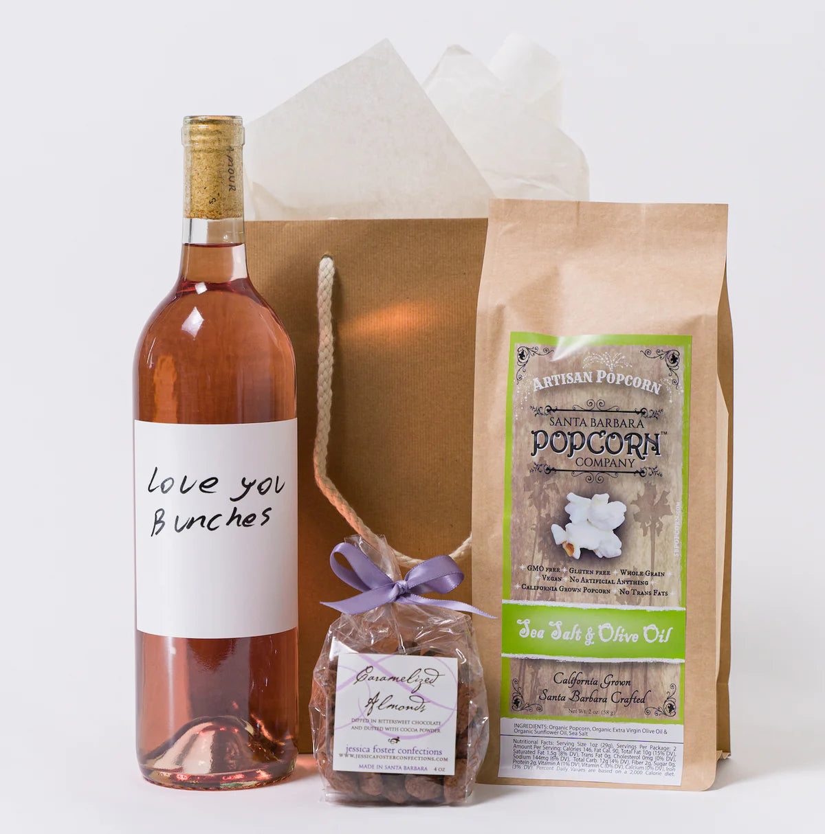 Love you bunches rosé wine with chocolate almonds and sea salt popcorn