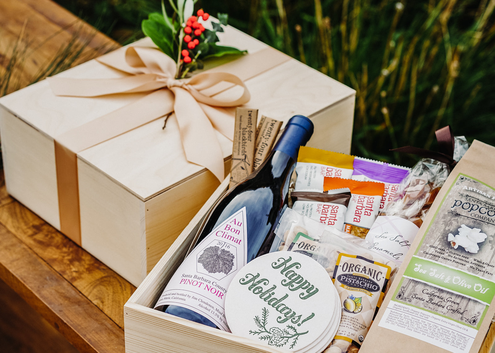 Santa Barbara wine and snacks in a curated gift basket