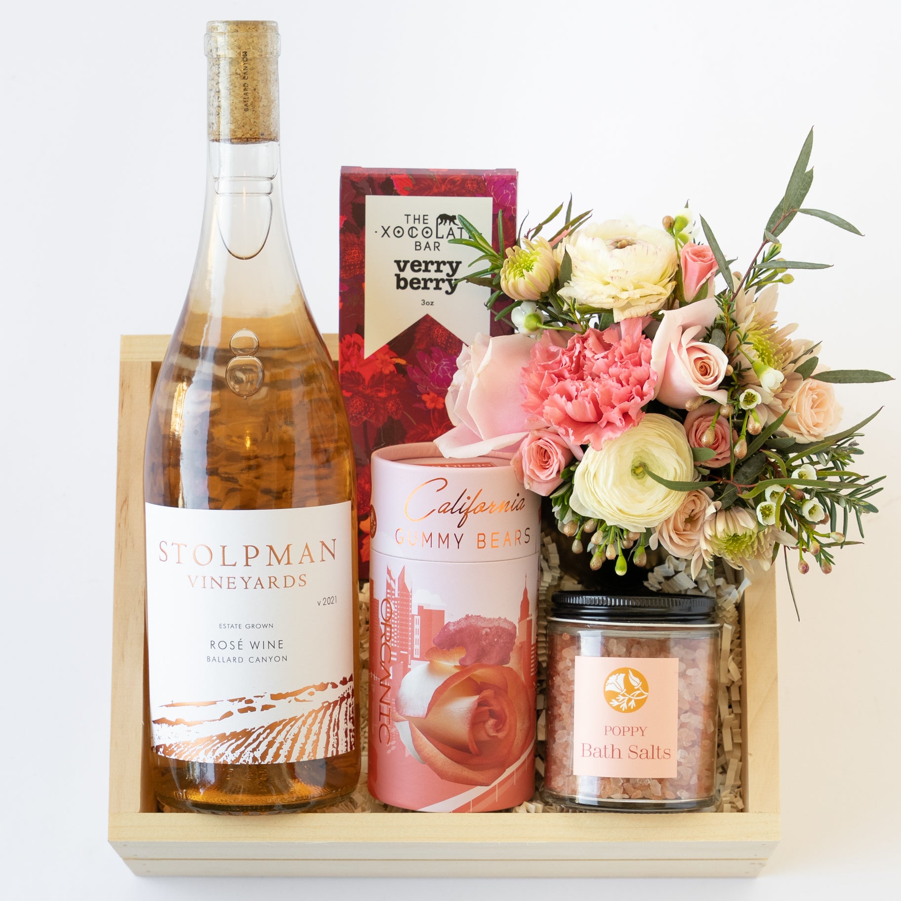 Stolpman rose gift box with flowers and California treats