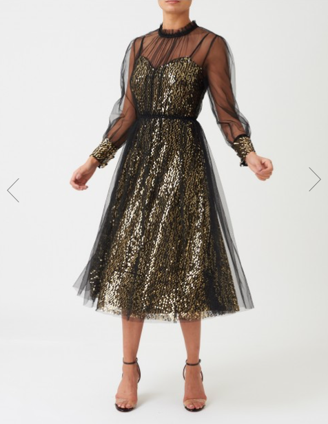 black sequin midi dress with sleeves