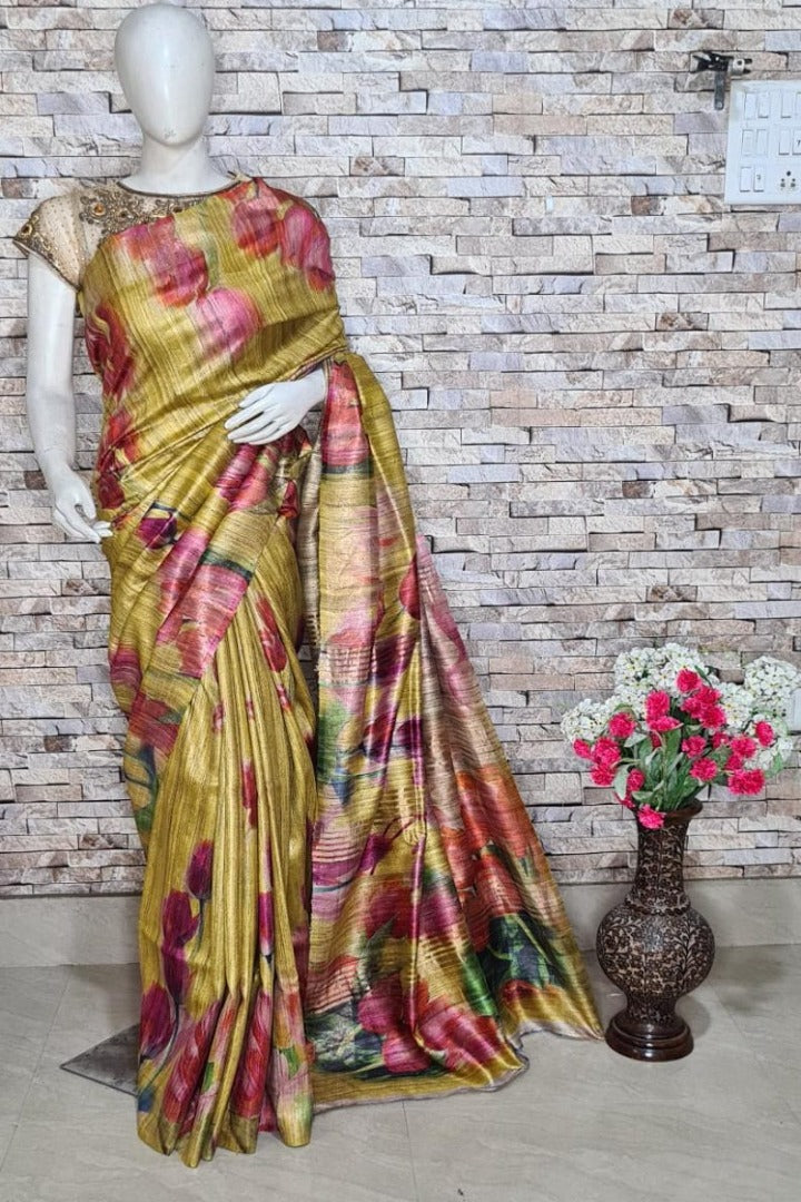 Handwoven pure Tussar silk saree with ghicha pallu in gray and black color