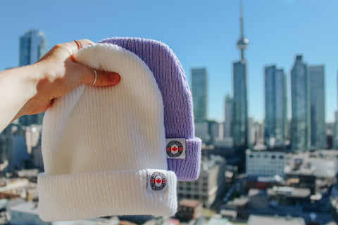 white and purple winter hat toques from the heart