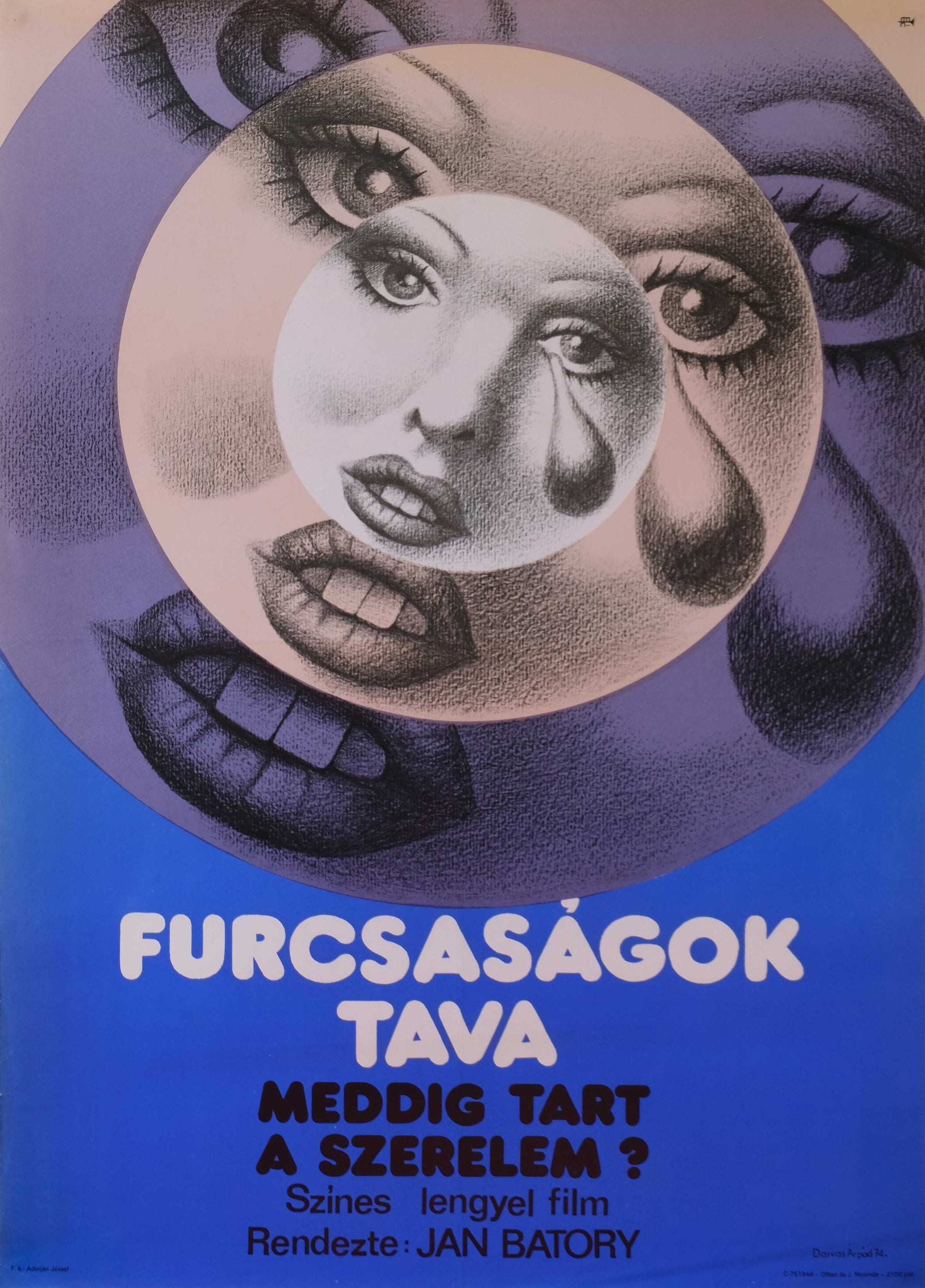 "The Lake of Mysteries" - Hungarian poster (1975) by Árpád Darvas. Depicts a woman's face with emphasis on the eye, tear, mouth, and lips, in blue and circular design.